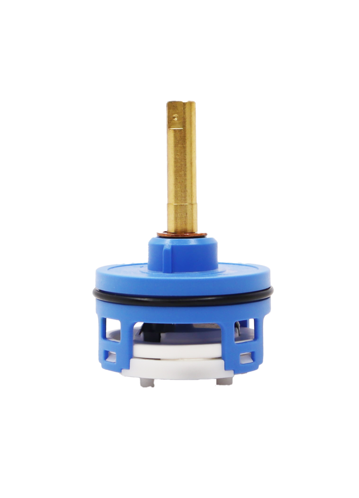 Blue plastic cartridge with bright brass stem black rubber o-ring white ceramic discs and black seals.