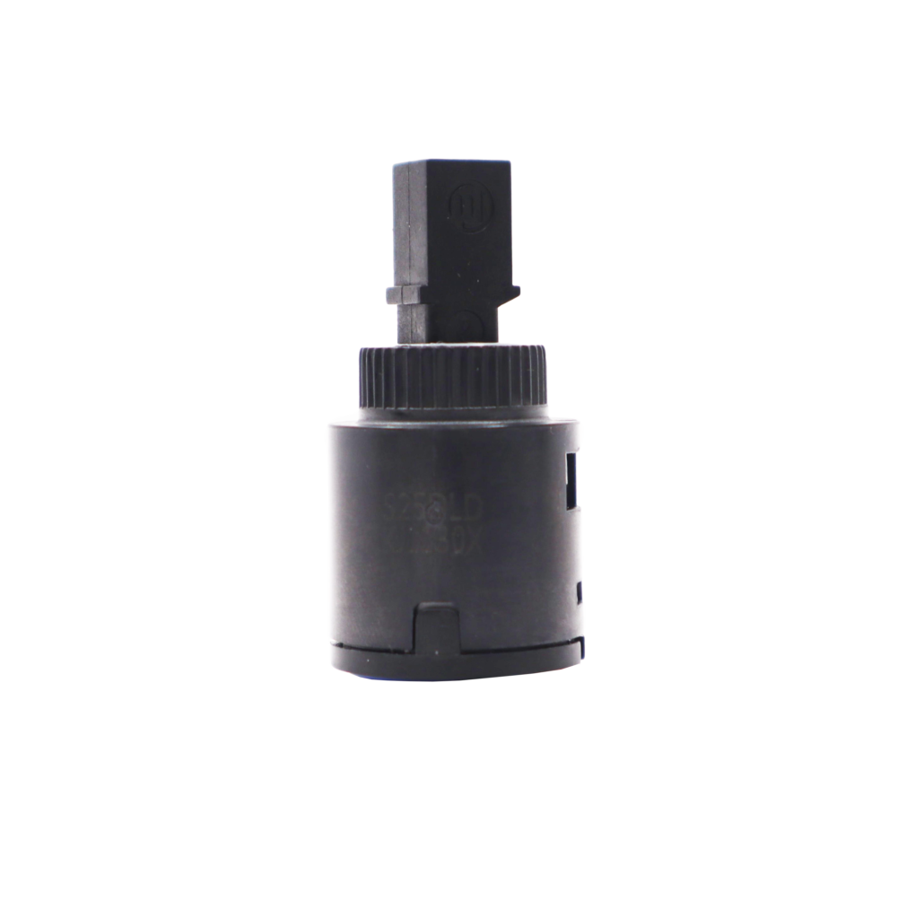 Black plastic cartridge with blue rubber seal.