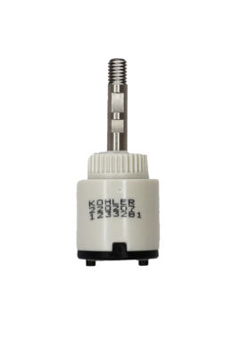 Light grey platic cartridge with metal joystick handle connection with black bottom and rubber seal.