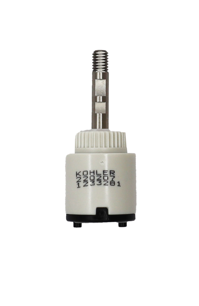 Light grey platic cartridge with metal joystick handle connection with black bottom and rubber seal.