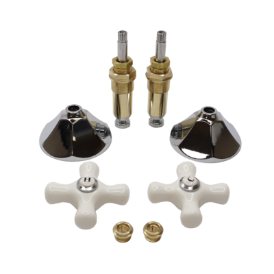 polished chrome stems and escutcheons with porcelain cross x handles and brass faucet seats.