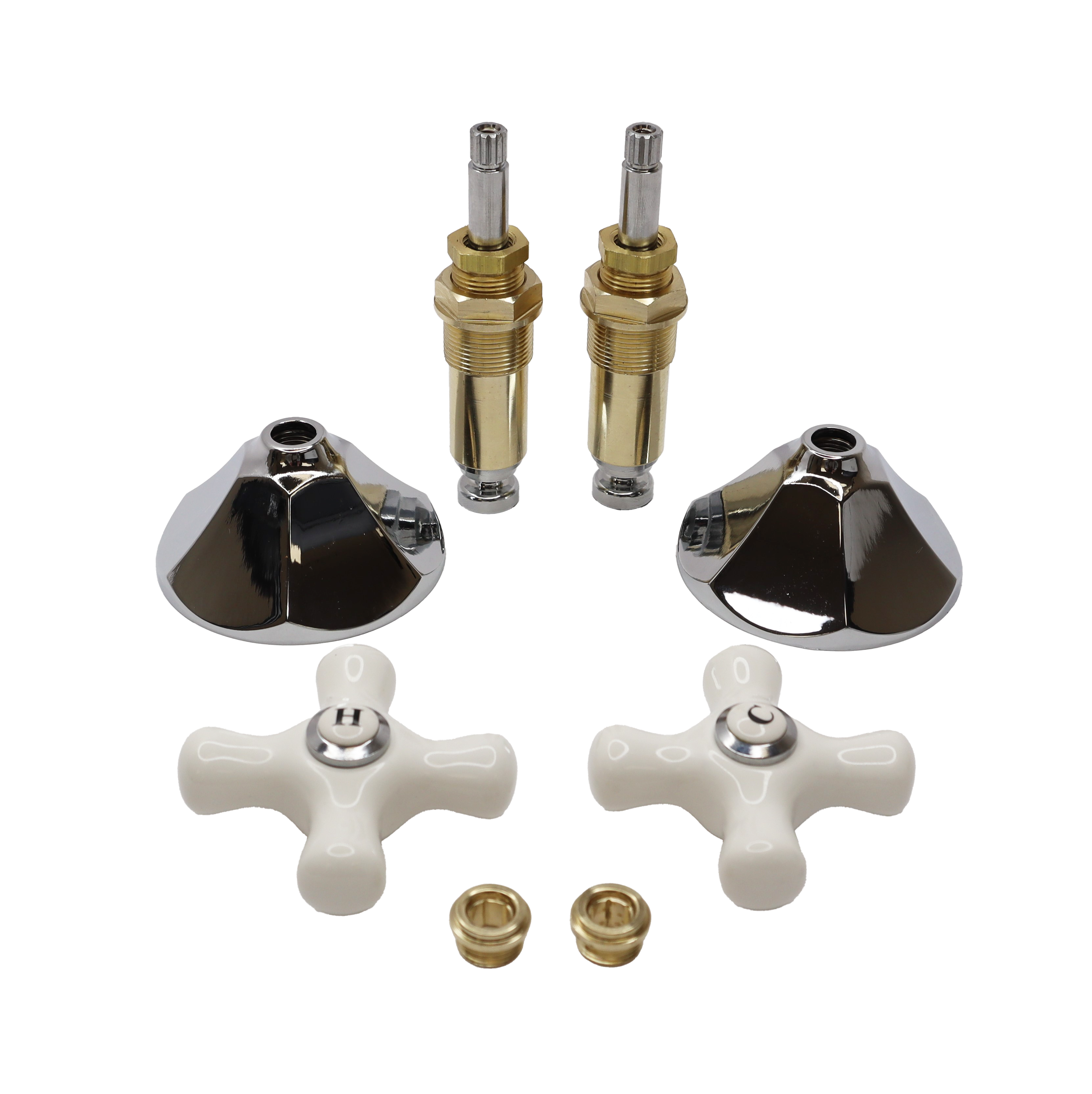 polished chrome stems and escutcheons with porcelain cross x handles and brass faucet seats.