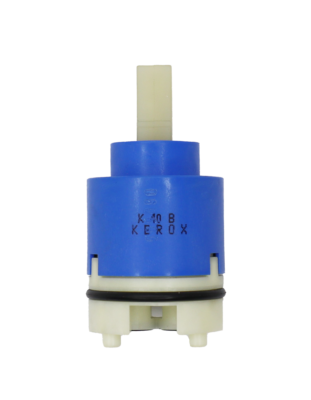 Bright blue cartridge with white plastic handle connection with white plastic bottom with black orings and seals.