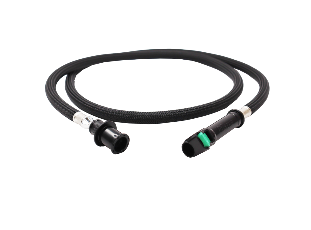 Black braided nylon hose with plastic spray head connection and black and green platic quick connection.