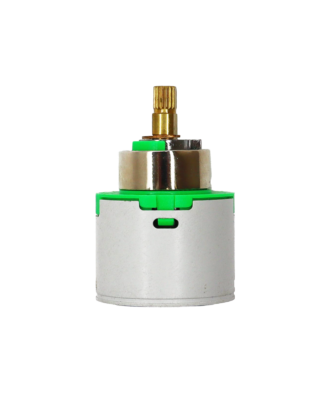 Grey plastic cartridge with lime green top polished chrome limit stop brass stem metal clip and blue rubber bottom seal.