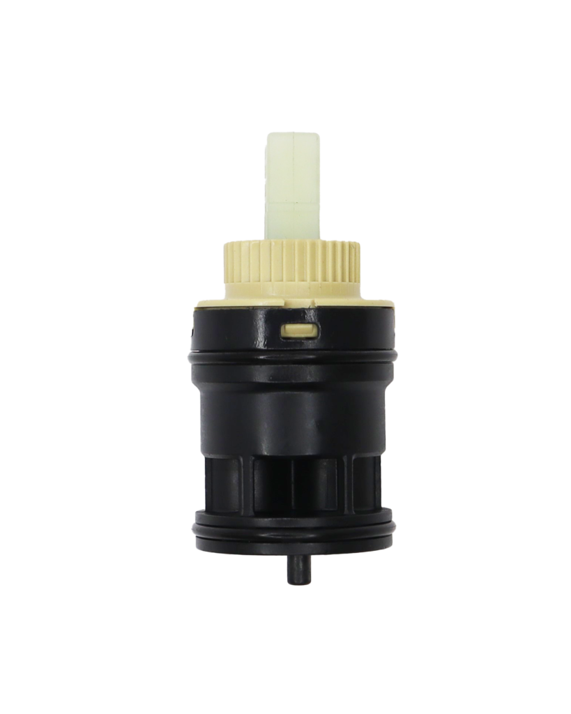 Black and tan plastic cartridge with white square handle connection and threaded openings on the bottom.