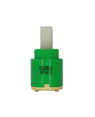Bright green plastic cartridge with white square handle connection with tan bottom and grey seal.