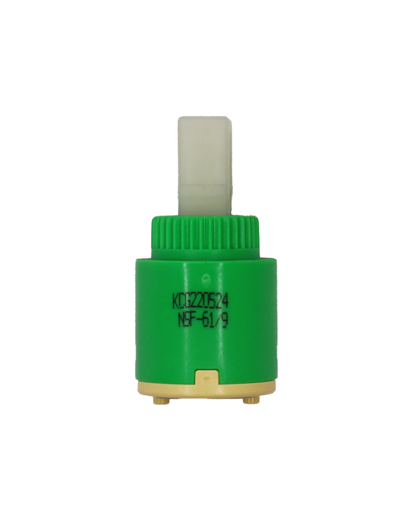 Bright green plastic cartridge with white square handle connection with tan bottom and grey seal.