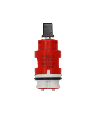 Red and white plastic cartridge with black plastic handle adapter metal stem black rubber o-ring and red rubber seals.