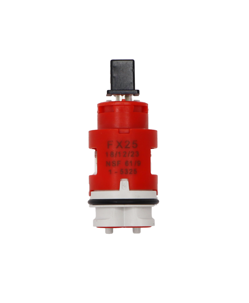 Red and white plastic cartridge with black plastic handle adapter metal stem black rubber o-ring and red rubber seals.