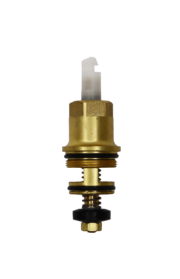 Bright brass diverter cartridge with white plastic handle connection black rubber o-ring stainless spring black rubber washer and brass nut.