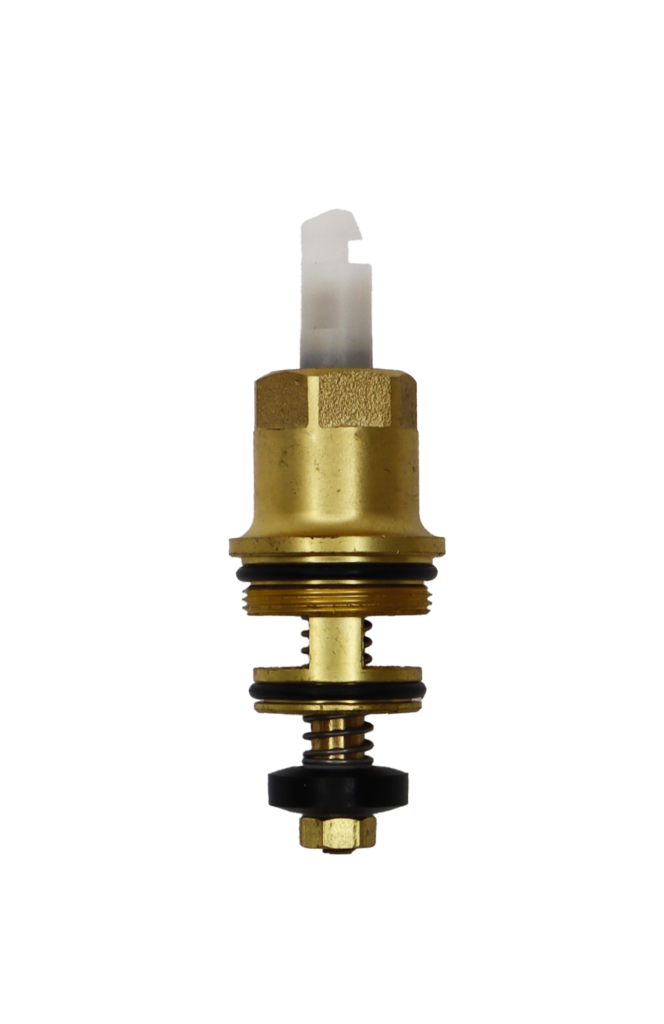 Bright brass diverter cartridge with white plastic handle connection black rubber o-ring stainless spring black rubber washer and brass nut.