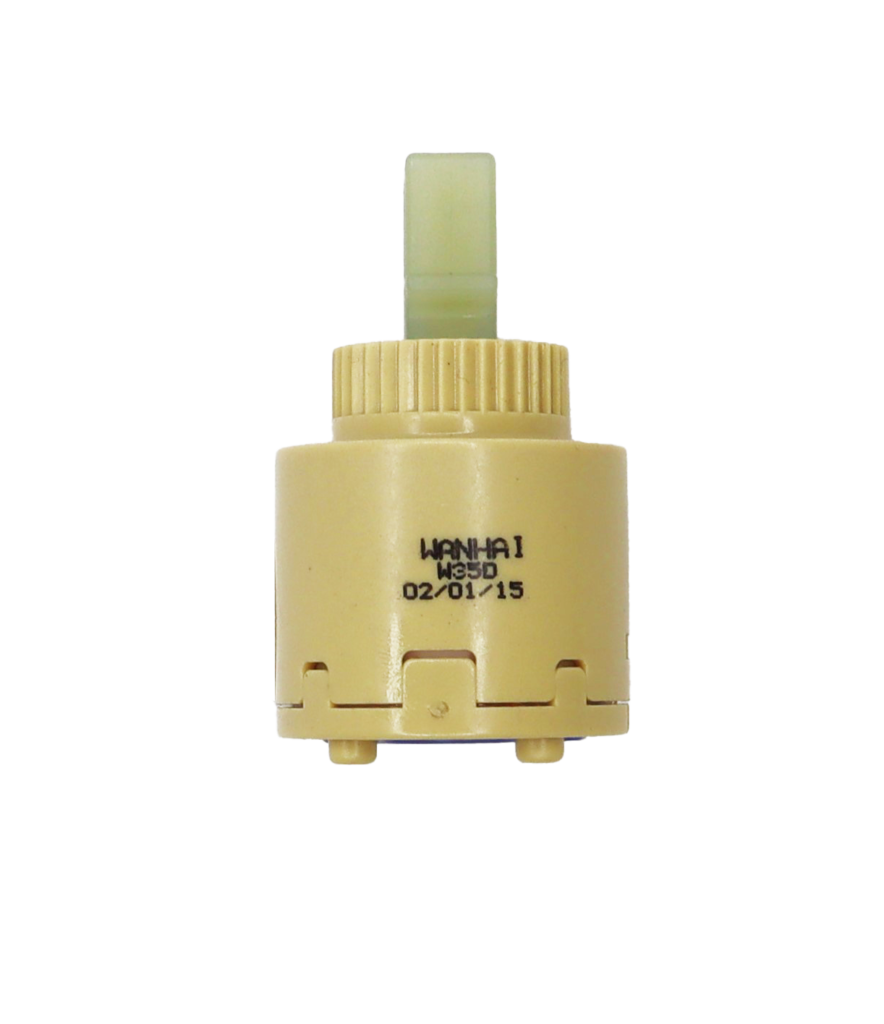 Tan plastic cartridge body white square handle connection with blur bottom seals.