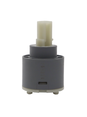 Grey plastic cartridge with white square plastic handle connections white bottom and black seals.