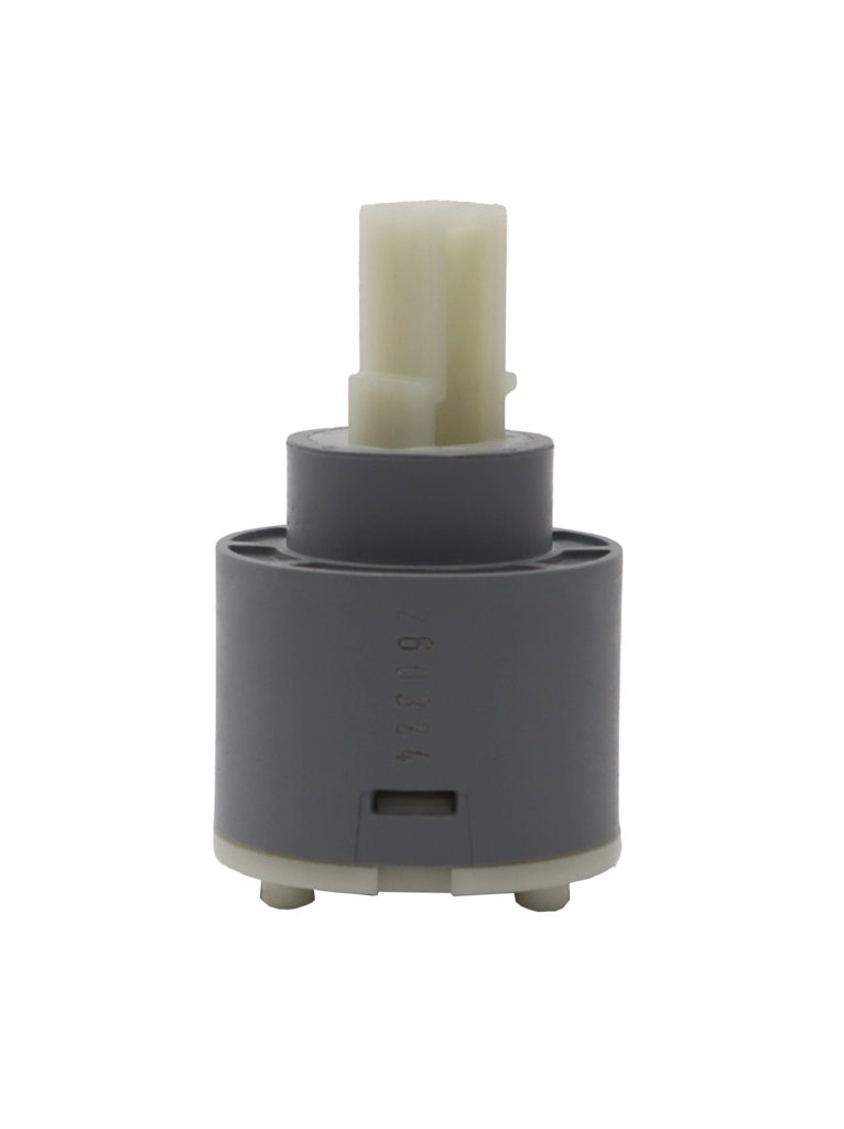 Grey plastic cartridge with white square plastic handle connections white bottom and black seals.