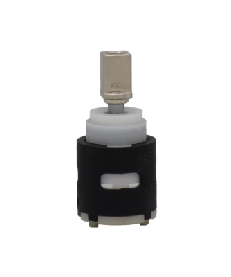 Black and white plastic cartridge with square metal handle white ceramic discs and red rubber seals.
