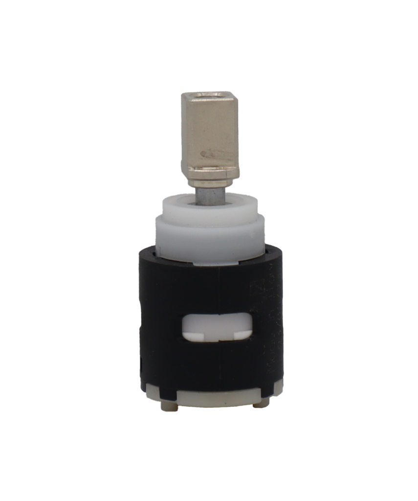 Black and white plastic cartridge with square metal handle white ceramic discs and red rubber seals.