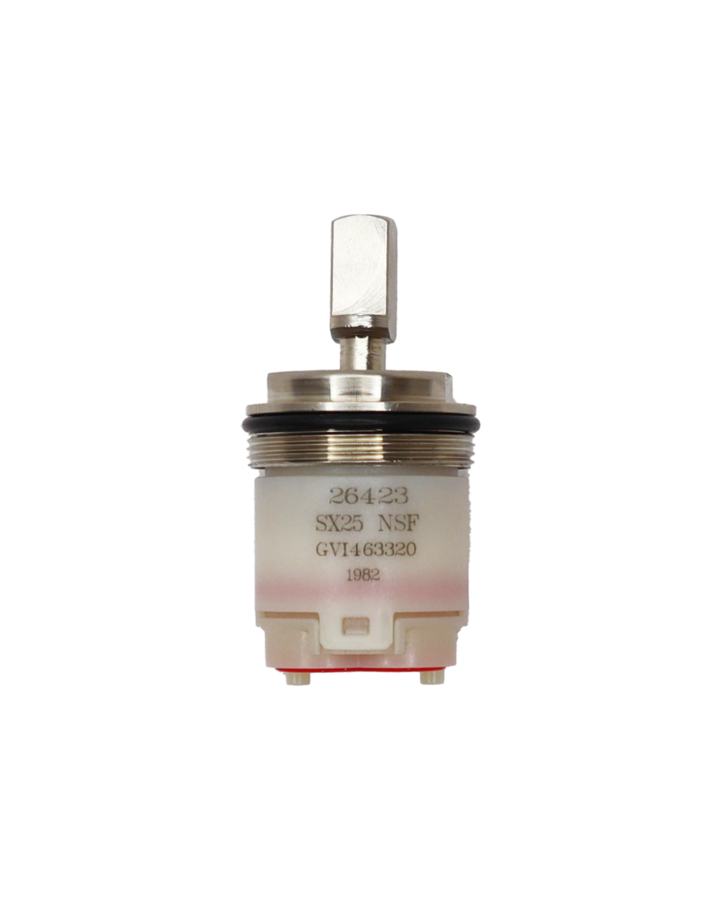 White plastic cartridge with stainless bonnet and square handle connection with black o-ring and red rubber bottom washer.