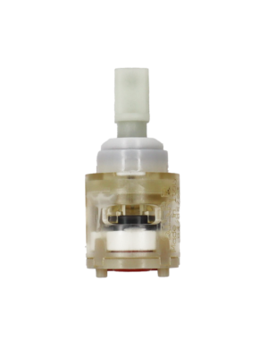 Clear plastic cartridge with white handle connection white ceramic discs and red rubber bottom seal.