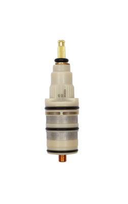 White plastic cartrdige with stainless screens brass stem black orings and copper thermo.