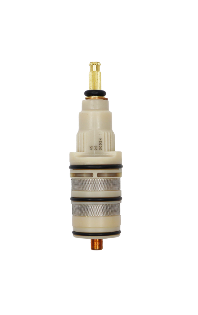 White plastic cartrdige with stainless screens brass stem black orings and copper thermo.