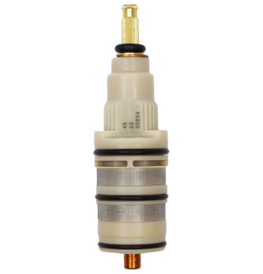 White plastic cartrdige with stainless screens brass stem black orings and copper thermo.