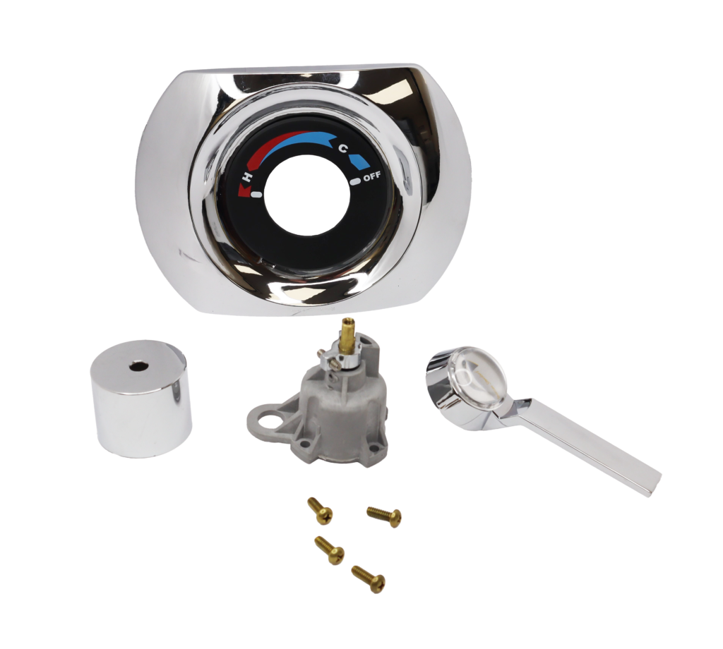 Escutcheon, escutcheon sleeve, cartridge handle and handle screws for a complete rebuild without cutting into the wall.