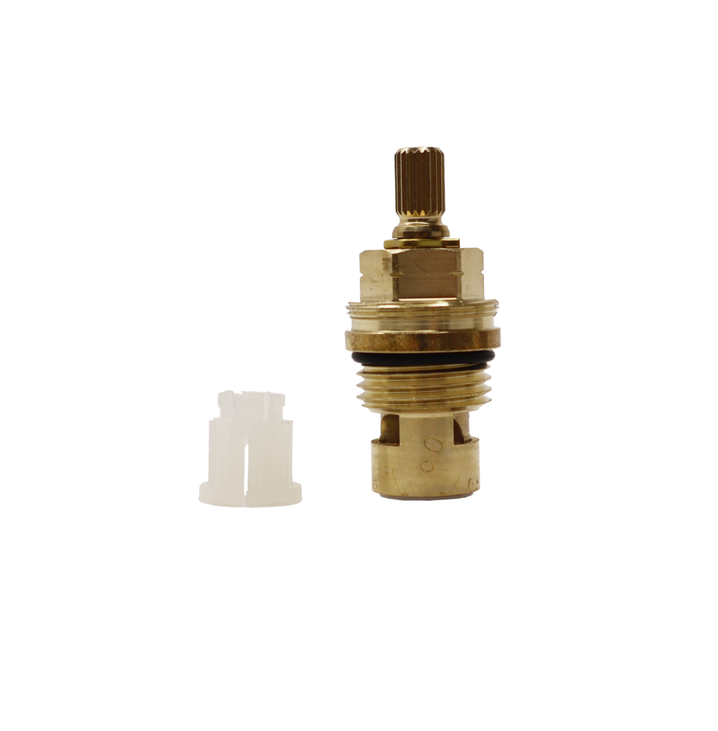 Bright brass cartridge with black oring and white plastic handle adapter.
