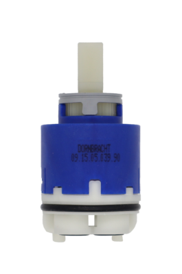 Bright blue plastic cartridge grey limit stop white square handle connection white bottom with black rubber o-ring and bottom seals.