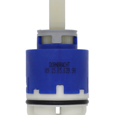 Bright blue plastic cartridge grey limit stop white square handle connection white bottom with black rubber o-ring and bottom seals.