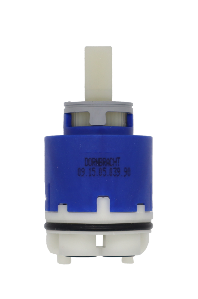 Bright blue plastic cartridge grey limit stop white square handle connection white bottom with black rubber o-ring and bottom seals.