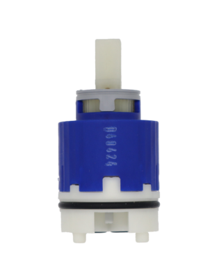 Dark blue plastic cartridge with grey limit stop white square handle connection white bottom black rubber o-ring and black rubber seals.