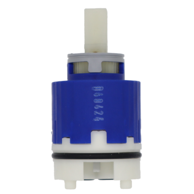 Dark blue plastic cartridge with grey limit stop white square handle connection white bottom black rubber o-ring and black rubber seals.