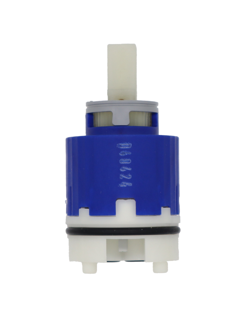 Dark blue plastic cartridge with grey limit stop white square handle connection white bottom black rubber o-ring and black rubber seals.