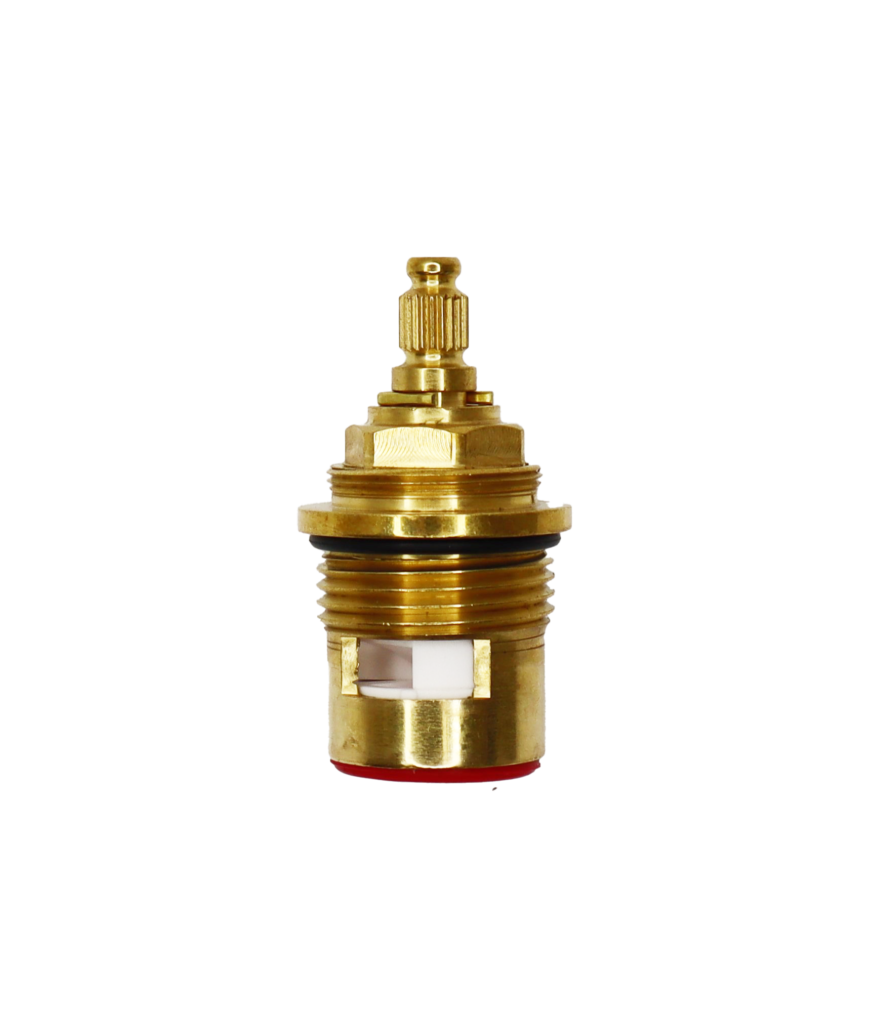 Bright brass body with white ceramic discs black o-ring and red rubber bottom seal.