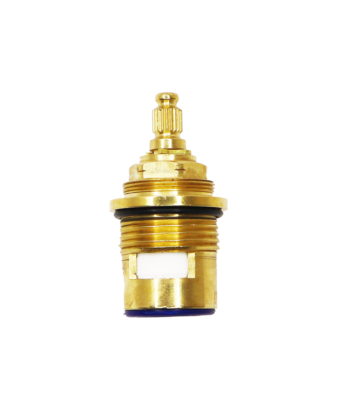 Bright brass body with white ceramic discs black o-ring and blue rubber bottom seal.