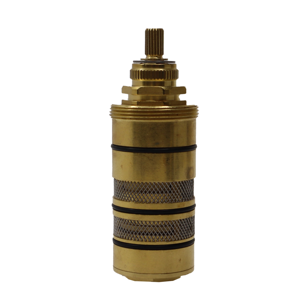 Bright brass cartridge with stainless screens black rubber o-rings and copper thermo.