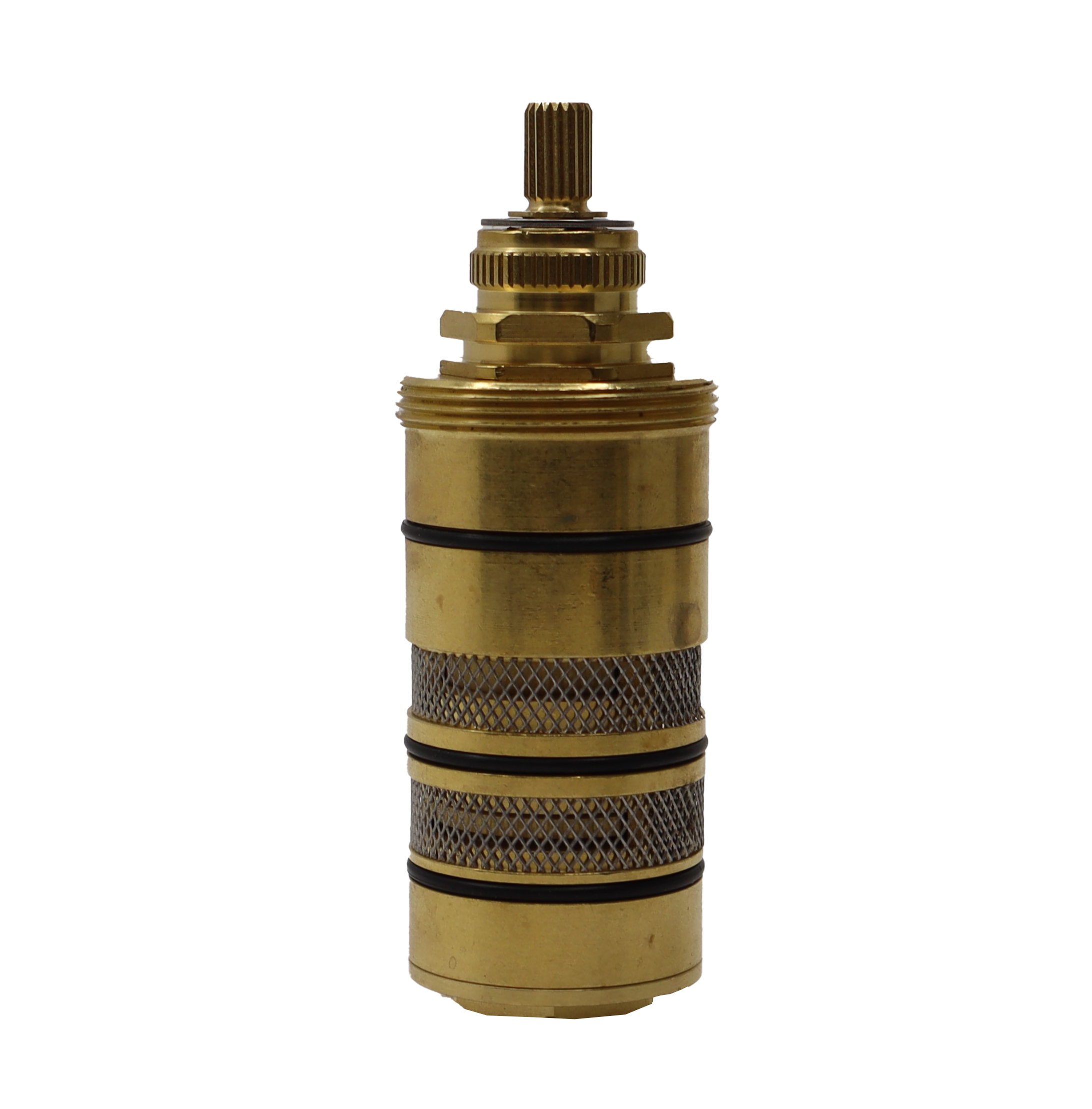 Bright brass cartridge with stainless screens black rubber o-rings and copper thermo.