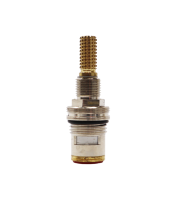 Polished chrome cartridge with brass handle connection black o-ring and red rubber washer.