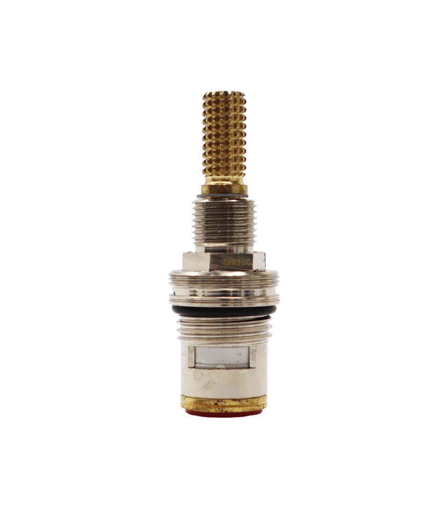 Polished chrome cartridge with brass handle connection black o-ring and red rubber washer.