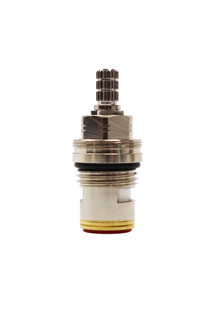 Polished chrome cartridte bodu with black rubber o-ring brass retainer cup and rubber bottom seal.