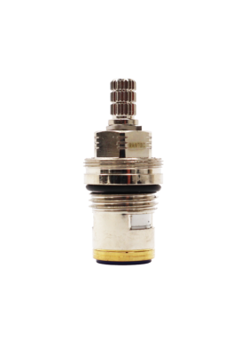 Polished chrome cartridge with black rubber o-ring brass bottom with rubber seal.