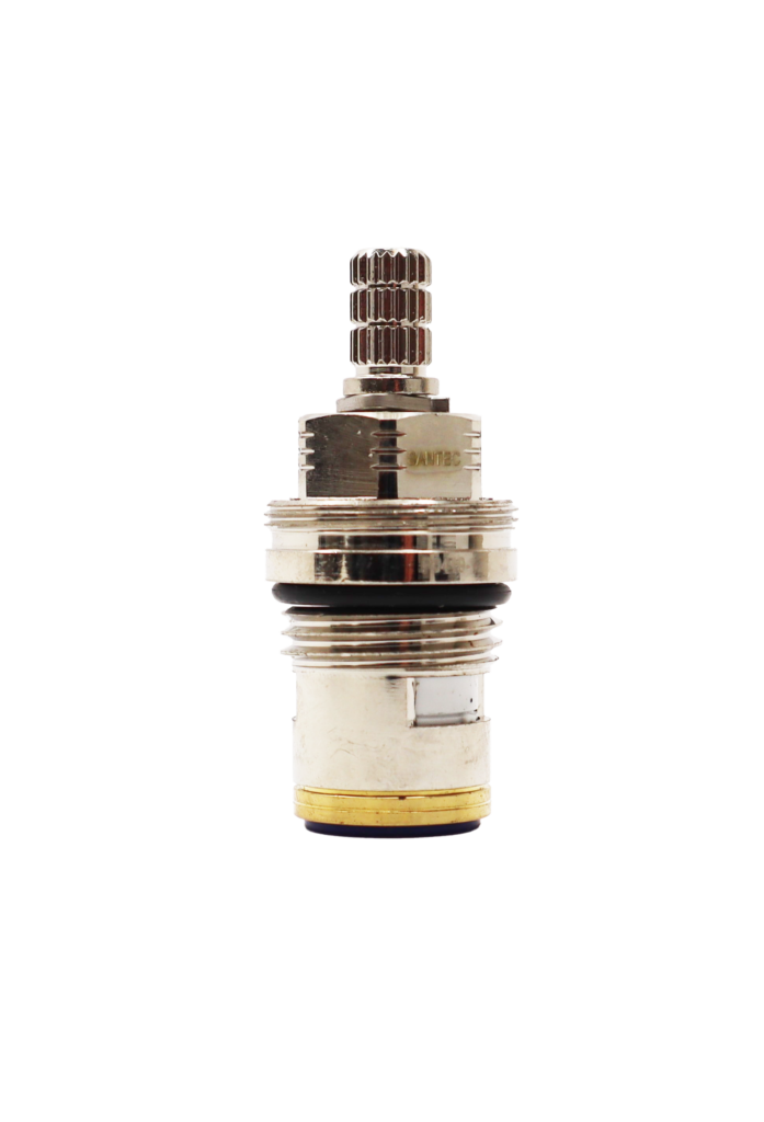 Polished chrome cartridge with black rubber o-ring brass bottom with rubber seal.