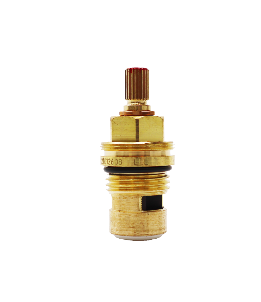 Bright brass body with black oring white ceramic discs and white bottom seal.