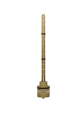Tan plastic cartridge with long brass handle connection with a black rubber o-ring and rubbe rbottom seals.