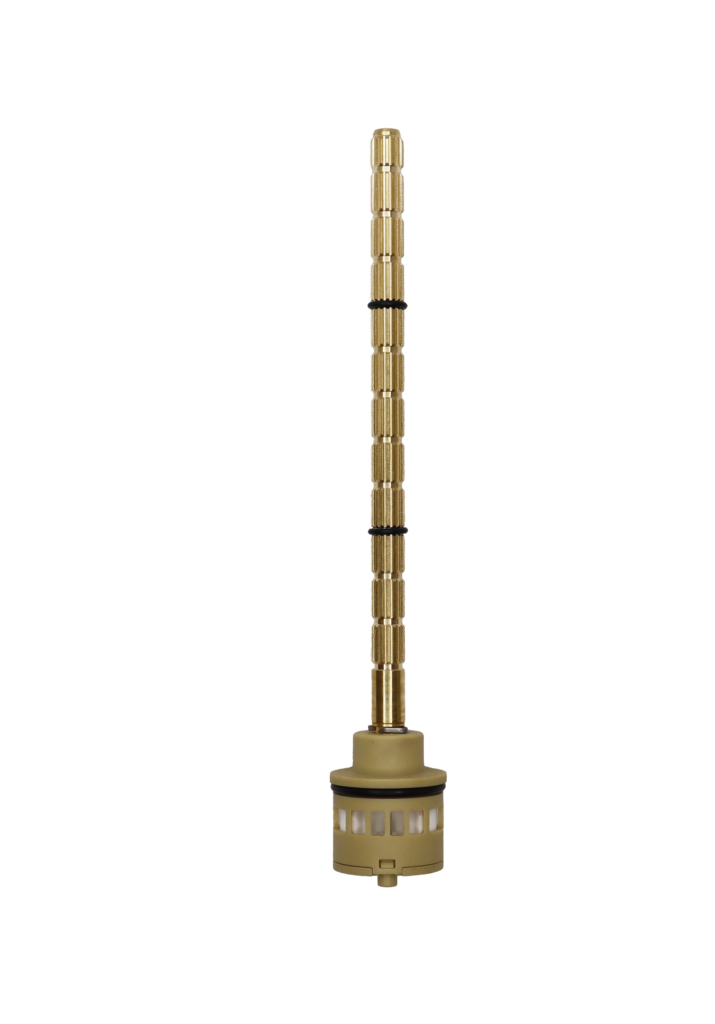 Tan plastic cartridge with long brass handle connection with a black rubber o-ring and rubbe rbottom seals.