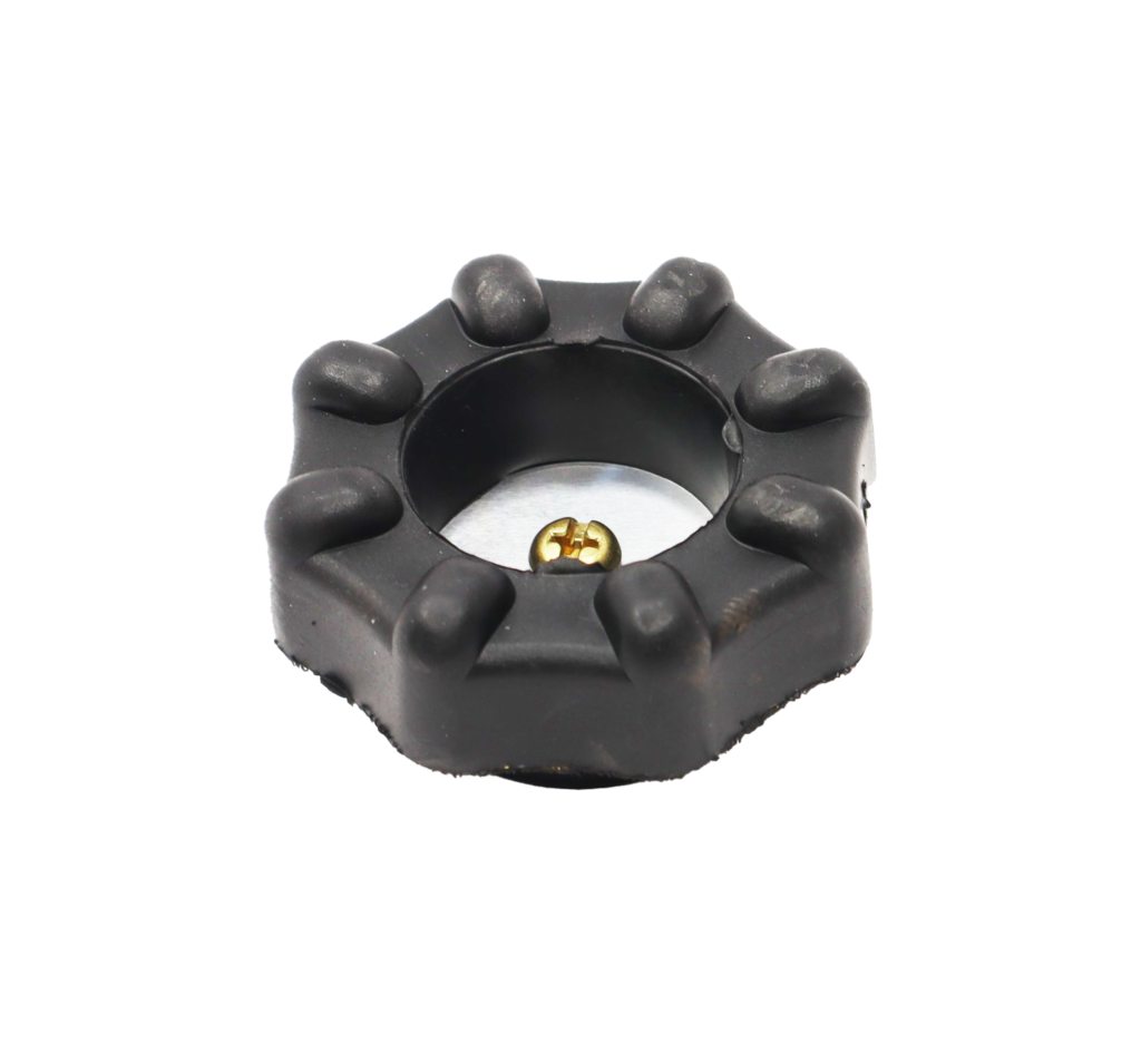 Black wheel handle with brass screw.