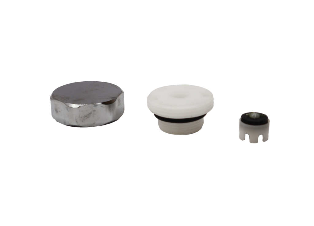 Chrome cap white plastic vacuum breaker black oring and black washer.