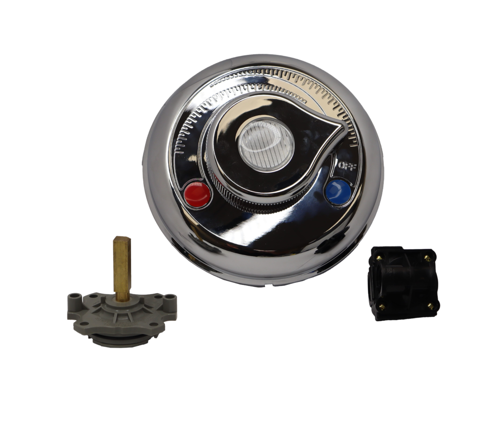 Polished chrome escutcheon and handle with red and blue buttons and grey plastic and brass cartridge.