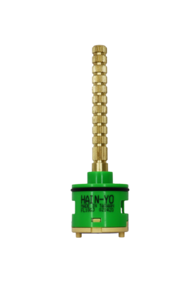 Lime green plasti cartridge with brass handle connection black rubber o-ring tan bottom with blue rubber seals.